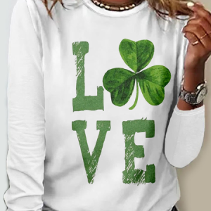 Women's St Patricks Day Four-leaf Clover Love Print Long Sleeve T-shirt, JustFashionNow T-Shirts, color:Color3|size:5XL,