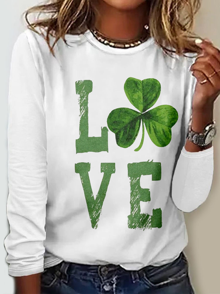 Women's St Patricks Day Four-leaf Clover Love Print Long Sleeve T-shirt, JustFashionNow T-Shirts, color:Color3|size:5XL,