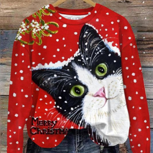 Casual Crew Neck Christmas Cat Print Sweatshirt, Hoodies & Sweatshirts, color:Red|size:XXL, catalog Noracora shop
