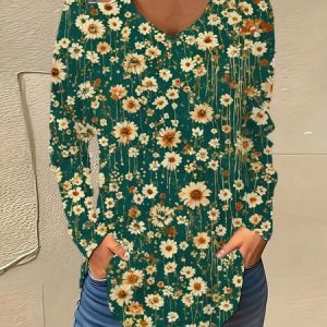 V Neck Long Sleeve Floral Regular Micro-Elasticity Loose Blouse For Women, Blouses, color:Green|size:XXL, catalog Noracora shop