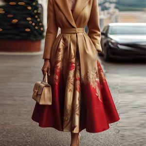 Floral Elegant Lapel Collar Coat With Belt, Coats, color:As Picture|size:XXL, Stylewe