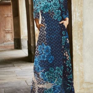 Women Floral V Neck Long Sleeve Comfy Casual Pocket Stitching Maxi Dress, Dresses, color:Blue|size:XXL, catalog Noracora shop