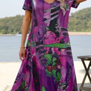 Boho Printed V Neck Floral Weaving Dress, Midi, color:Violet|size:XS, catalog Noracora shop
