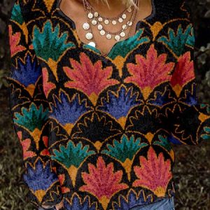 Vintage Ethnic Geometry V Neck Long Sleeve T-shirt, T-shirts, color:Multicolor|size:XXL, catalog Noracora shop