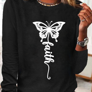 Casual Butterfly Crew Neck Long Sleeve T-shirt, T-shirts, color:Black|size:XXL, catalog Noracora shop