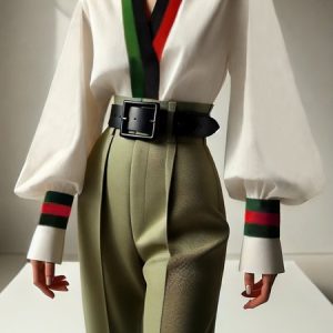 Urban Color Block V Neck Balloon Sleeve Blouse, Blouses and Shirts, color:As Picture|size:XXL, Stylewe