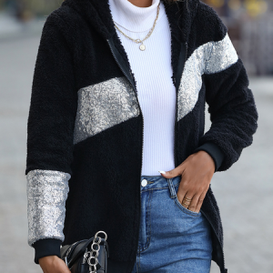Women's Color Block Thicken Loose Jacket, Outerwear, color:Black|size:XL, catalog Noracora shop
