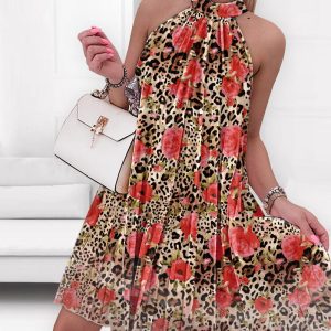 Floral Leopard Print Sleeveless Ruched Cold Shoulder A Line Dress Vacation Dress, women Print Dresses, ChicMe catalog
