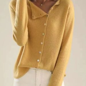 Women Yarn/Wool Yarn Plain Long Sleeve Comfy Casual Buckle Cardigan, Cardigans, color:Yellow|size:M, catalog Noracora shop