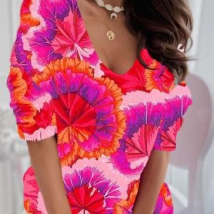 Casual Floral V Neck Long Sleeve T-shirt, T-shirts, color:Rose Red|size:XXL, catalog Noracora shop