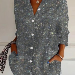 Shirt Collar Long Sleeve Geometric Regular Loose Shirt For Women, Shirts, color:Silver|size:5XL, catalog Noracora shop