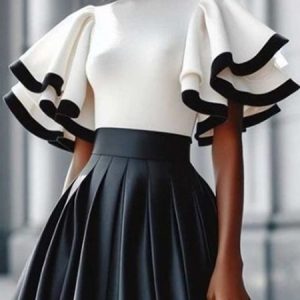 Elegant Color Block Turtleneck Ruffle Sleeve Blouse, Blouses and Shirts, color:White|size:XXL, Stylewe