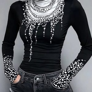 Casual Abstract Polka Dots Tight Turtleneck T-Shirt, Tees, color:Black-white|size:XXL, Stylewe
