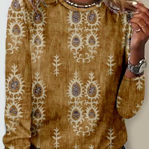 Casual Ethnic Crew Neck Long Sleeve T-shirt, T-shirts, color:Khaki|size:4XL, catalog Noracora shop