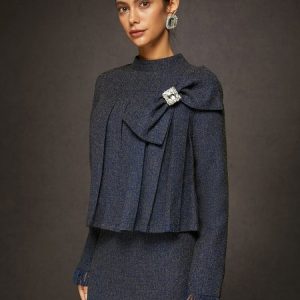 Elegant Bow Pleated Tweed Stand Collar Blouse, Blouses and Shirts, color:As Picture|size:XXL, Stylewe