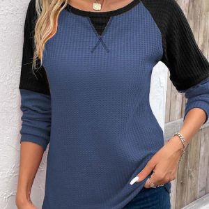 Crew Neck Long Sleeve Color Block Regular Micro-Elasticity Loose Blouse For Women, Blouses, color:Blue|size:XXL, catalog Noracora shop