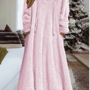 Women's Long Sleeve Spring/Fall Plain Fluff/Granular Fleece Fabric Dress Hoodie Daily Going Out Casual Midi H-Line, JustFashionNow Dresses, color:Pink|size:5XL,