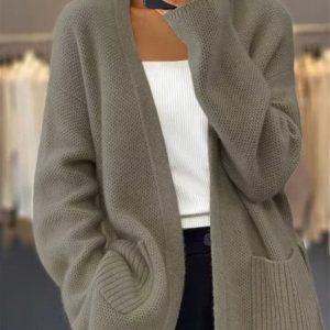 Women Yarn/Wool Yarn Plain Long Sleeve Comfy Casual Pocket Stitching Cardigan, Cardigans, color:Camel|size:XL, catalog Noracora shop