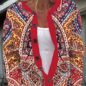 Women Ethnic Long Sleeve Comfy Vintage Buttoned Cardigan, Cardigans, color:Red|size:3XL, catalog Noracora shop
