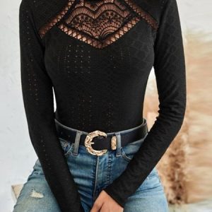 Crew Neck Long Sleeve Plain Regular Micro-Elasticity Loose Blouse For Women, T-shirts, color:Color2|size:XXL, catalog Noracora shop