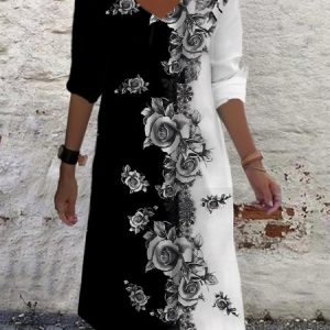 Women's Long Sleeve Summer Floral Jersey Dress V Neck Daily Going Out Casual Midi A-Line TUNIC, JustFashionNow Dresses, color:Black-white|size:XXL,