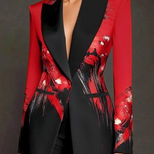Urban Abstract Printing Lapel Collar Blazer, Blazers, color:Reddish Black|size:XXL, Stylewe