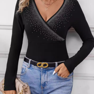 V Neck Long Sleeve Polka Dots Regular Micro-Elasticity Tight Blouse For Women, Blouses, color:Black|size:XXL, catalog Noracora shop