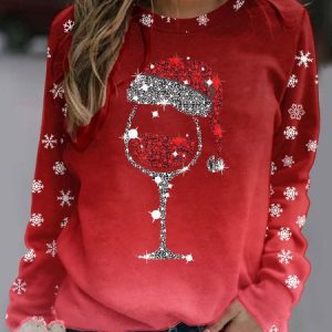 Casual Crew Neck Christmas Wine Glass Sweatshirt, Hoodies & Sweatshirts, color:Red|size:XXL, catalog Noracora shop