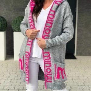 Women Wool/Knitting Text Letters Long Sleeve Comfy Casual Cardigan, Sweaters, color:Rose Red|size:XXL, catalog Noracora shop