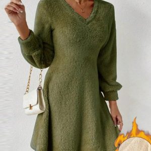 Women Plain V Neck Long Sleeve Comfy Casual Midi Dress, Dresses, color:Army Green|size:3XL, catalog Noracora shop