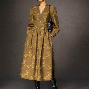 Elegant V Neck Plants Print Maxi Dress, Maxi Dresses, color:As Picture|size:XXL, Stylewe