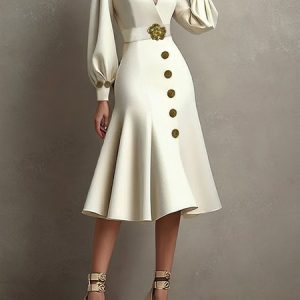 Elegant Plain Balloon Sleeve Buttoned V Neck Midi Dress With Belt, Midi Dresses, color:Off White|size:XXL, Stylewe