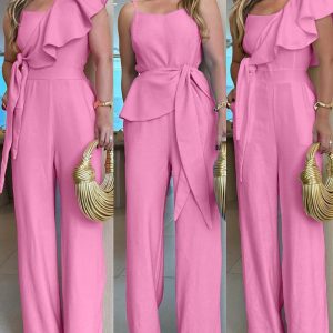 V Neck Spaghetti Strap Ruffles Tied Detail Jumpsuit  Casual Loose Fit Romper, women Jumpsuits, ChicMe catalog