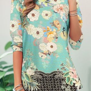 Casual Floral Crew Neck Long Sleeve T-shirt, T-shirts, color:Lightgreen|size:XXL, catalog Noracora shop