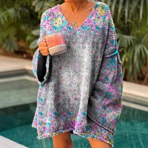 Casual V Neck Floral Sweatshirt, Hoodies & Sweatshirts, color:Purple|size:4XL, catalog Noracora shop