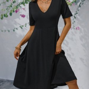 Casual Short Sleeve V Neck Dress, Midi, color:Black|size:XXL, catalog Noracora shop