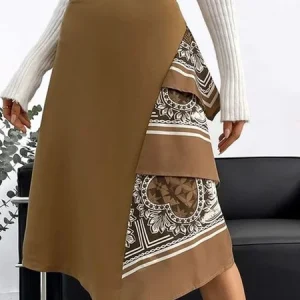 Urban Printing Abstract Midi Skirt, Skirts, color:Brown|size:XXL, Stylewe
