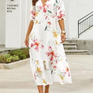 Casual Floral V Neck Short Sleeve Woven Dress, Maxi, color:White|size:XS, catalog Noracora shop