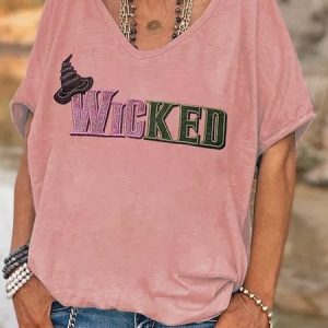 Vintage Text Letters V Neck Short Sleeve T-shirt, T-shirts, color:Pink|size:4XL, catalog Noracora shop