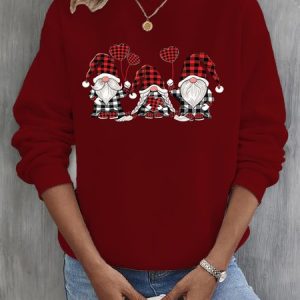 Casual Crew Neck Christmas Sweatshirt, Hoodies & Sweatshirts, color:Wine Red|size:3XL, catalog Noracora shop