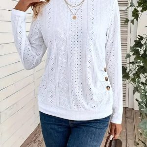 Crew Neck Long Sleeve Plain Regular Micro-Elasticity Loose Blouse For Women, Blouses, color:White|size:XXL, catalog Noracora shop