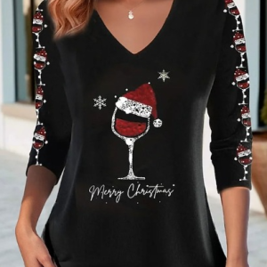 Casual Christmas V Neck Long Sleeve T-shirt, T-shirts, color:Black|size:4XL, catalog Noracora shop