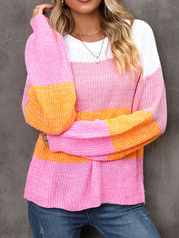 Women Color Block Long Sleeve Comfy Casual Sweater, Sweaters, color:Pink|size:XL, catalog Noracora shop