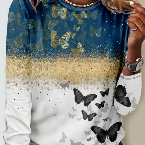 Casual Color Block Crew Neck Long Sleeve T-shirt, T-shirts, color:Blue|size:4XL, catalog Noracora shop