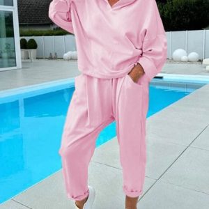 Women Plain Long Sleeve Comfy Casual Top With Pants Two-Piece Set, Sets, color:Pink|size:5XL, catalog Noracora shop