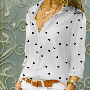 Women's Long Sleeve Shirt Spring/Fall Heart/Cordate Shirt Collar Holiday Going Out Vintage Top, JustFashionNow Blouses, color:White|size:XXL,