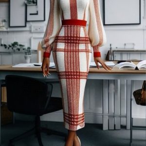 Elegant Balloon Sleeve Plaid Sweater Dress, Midi Dresses, color:As Picture|size:XXL, Stylewe