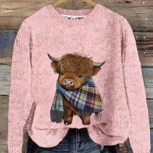Women's West Highland Cow Print Loose Casual Knitted Sweater, Sweaters, Lilicloth.com