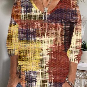 Casual Geometric V Neck Long Sleeve T-shirt, T-shirts, color:Multicolor|size:XXL, catalog Noracora shop