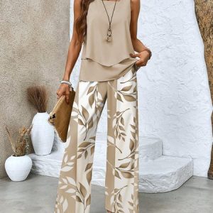 Women's Leaf Daily Going Out Two Piece Set Floral Sleeveless Casual Summer Top With Pants Matching Set, JustFashionNow Suit Set, color:Khaki|size:XXL,